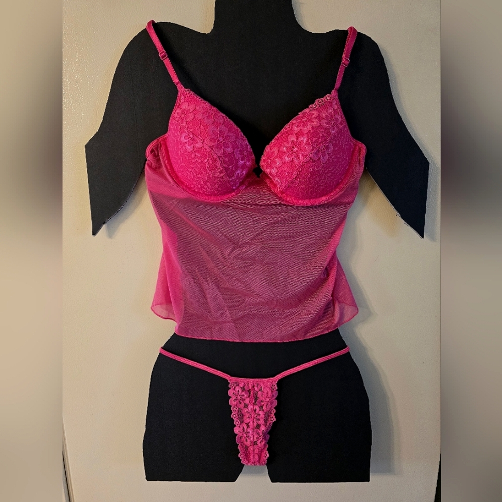 Victoria's Secret Vibrant Hot Pink Lace Bra Set Large Bottoms 36 B Top 2 Piece